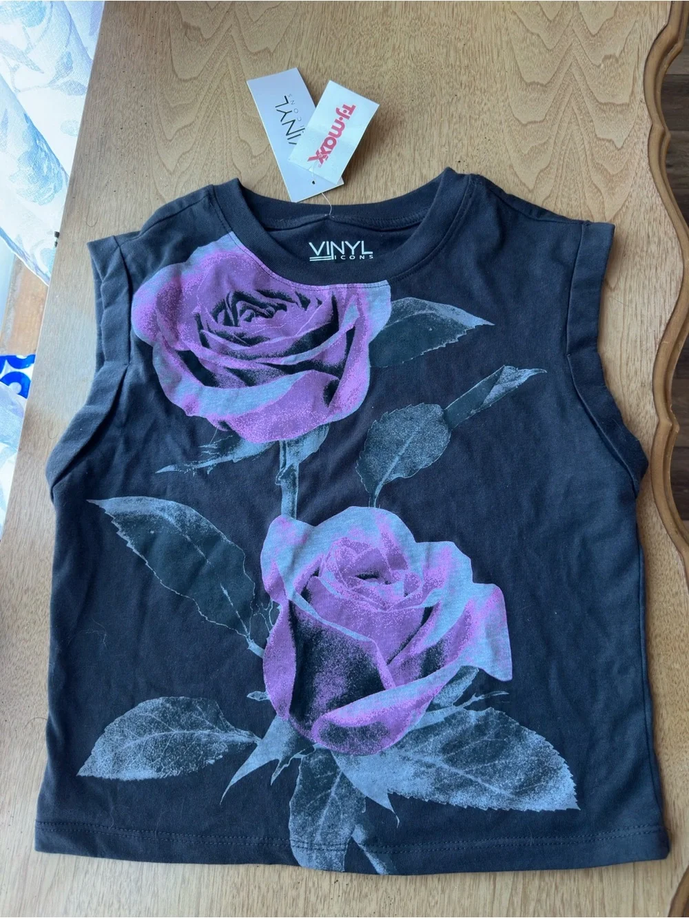 Black Cropped Tank Top with Purple Rose Graphic